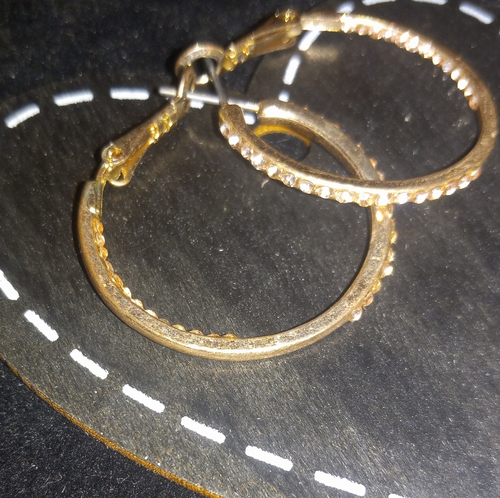 Vintage 1" Gold Hoops with CZ Accents - Picture 3 of 10
